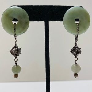 Vintage Green Jade Stone Asian Disc Long Drop One Of A Kind Handmade Earrings
